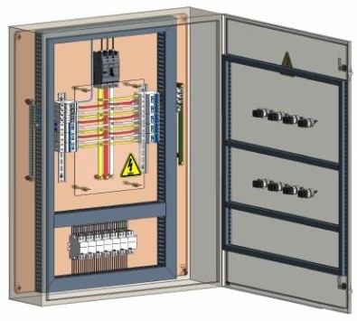 Modelo tridimensional de quadro elétrico aberto, com barramentos, disjuntores e organização interna